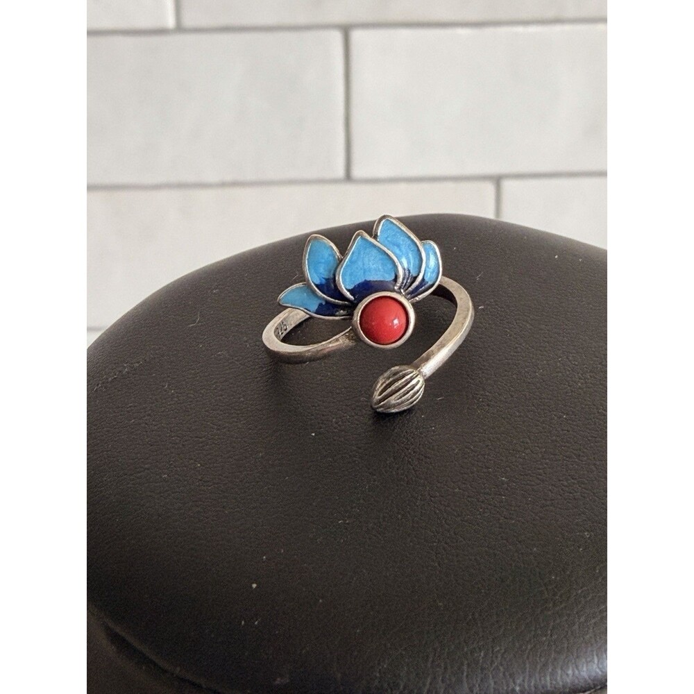 S925 silver blue lotus ring women enamel fashion retro lotus open ring
